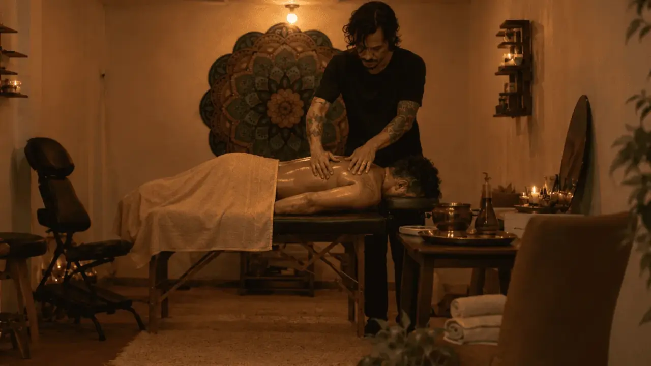 Sessão de massagem ayurvédica com aplicação de óleo.